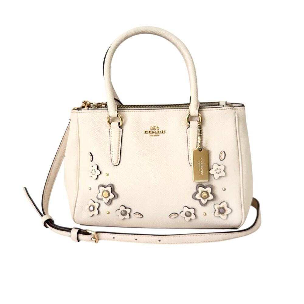 Coach Mini Surrey Carryall Crossgrain Leather Floral Applique Crossbody Chalk